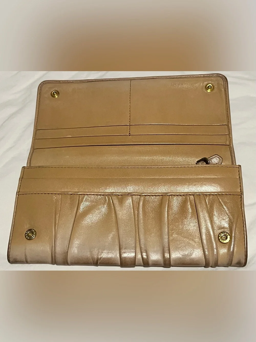 Prada Metallic Beige Ruched Leather Wallet with Gold Logo